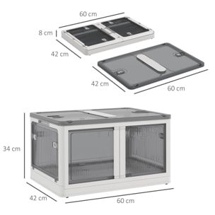 Boîte de rangement plastique 69L pliable empilable couvercle 4 roulettes accès 5 côtés blanc gris