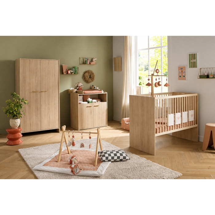 Chambre bébé trio: Lit bébé 60x120 évolutif, commode à langer 2 portes et armoire 2 portes décor bois hêtre