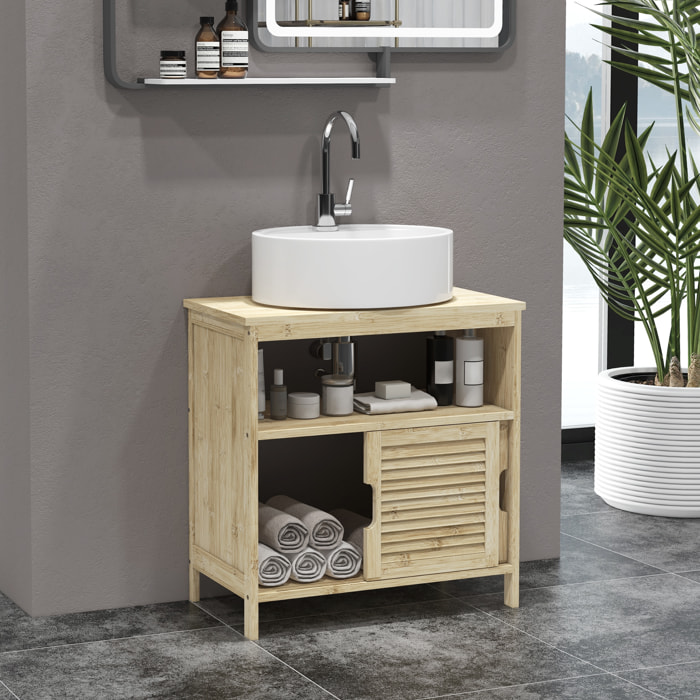 Mueble Bajo Lavabo de Bambú, Armario Debajo de Lavabo con Puertas Correderas de Lamas, Compartimento Abierto, Estilo Moderno, 60x30x60 cm, Natural