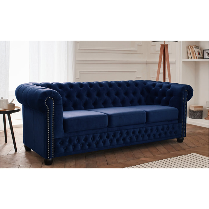 William - canapé Chesterfield - 3 places - en velours - Bleu nuit