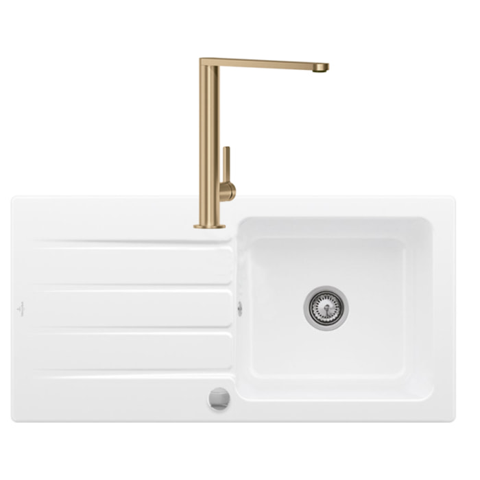 Evier 1 bac Architectura 60 vidage auto + Robinet de cuisine Finera Or Mat