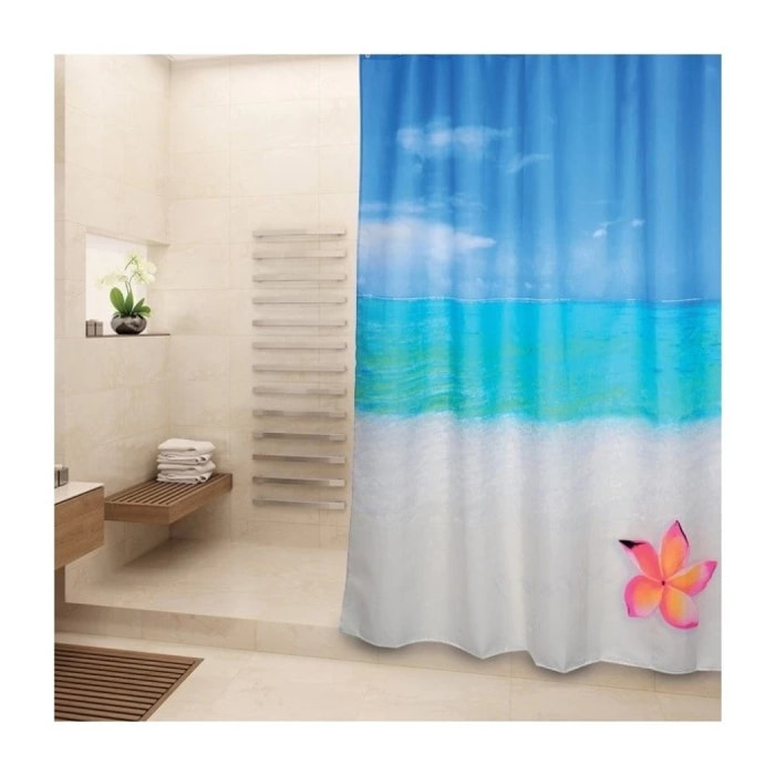 Rideau de douche Polyester 180x200cm Motif Paradise Bleu & Blanc -Anneaux inclus MSV