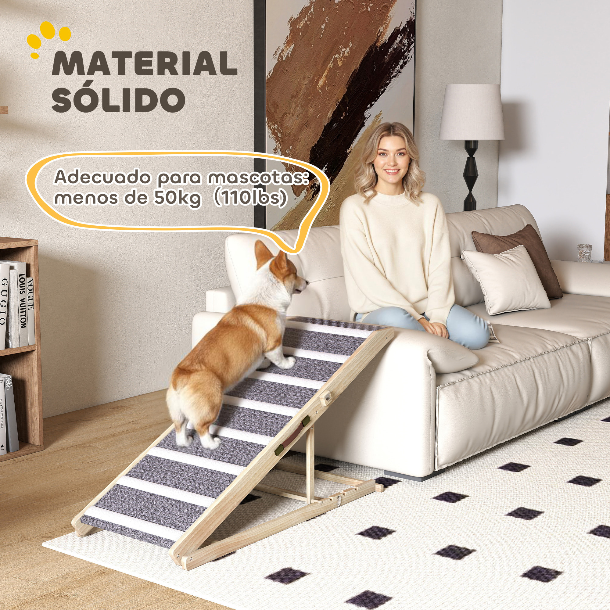 Rampa para Perros Plegable y Altura Ajustable 41-60 cm, Rampa para Mascotas de Madera con Alfombrilla Antideslizante y Asa, para Perros Pequeños Medianos y Grandes, para Cama Sofá, 120x50x60 cm