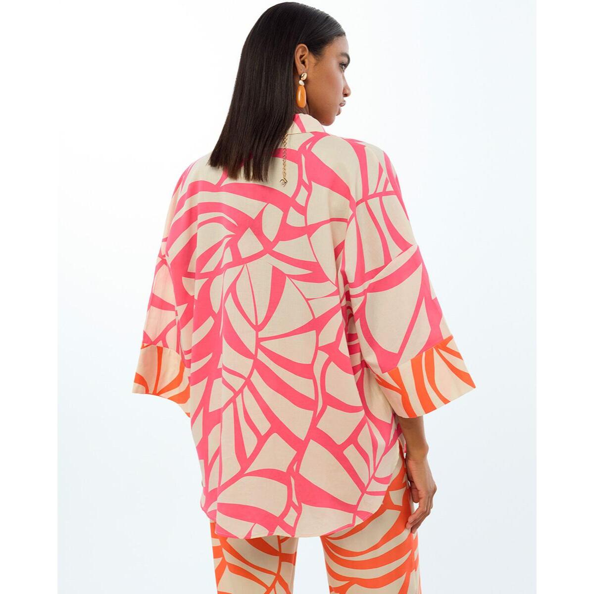 Camicia a maniche corte con stampa a foglie