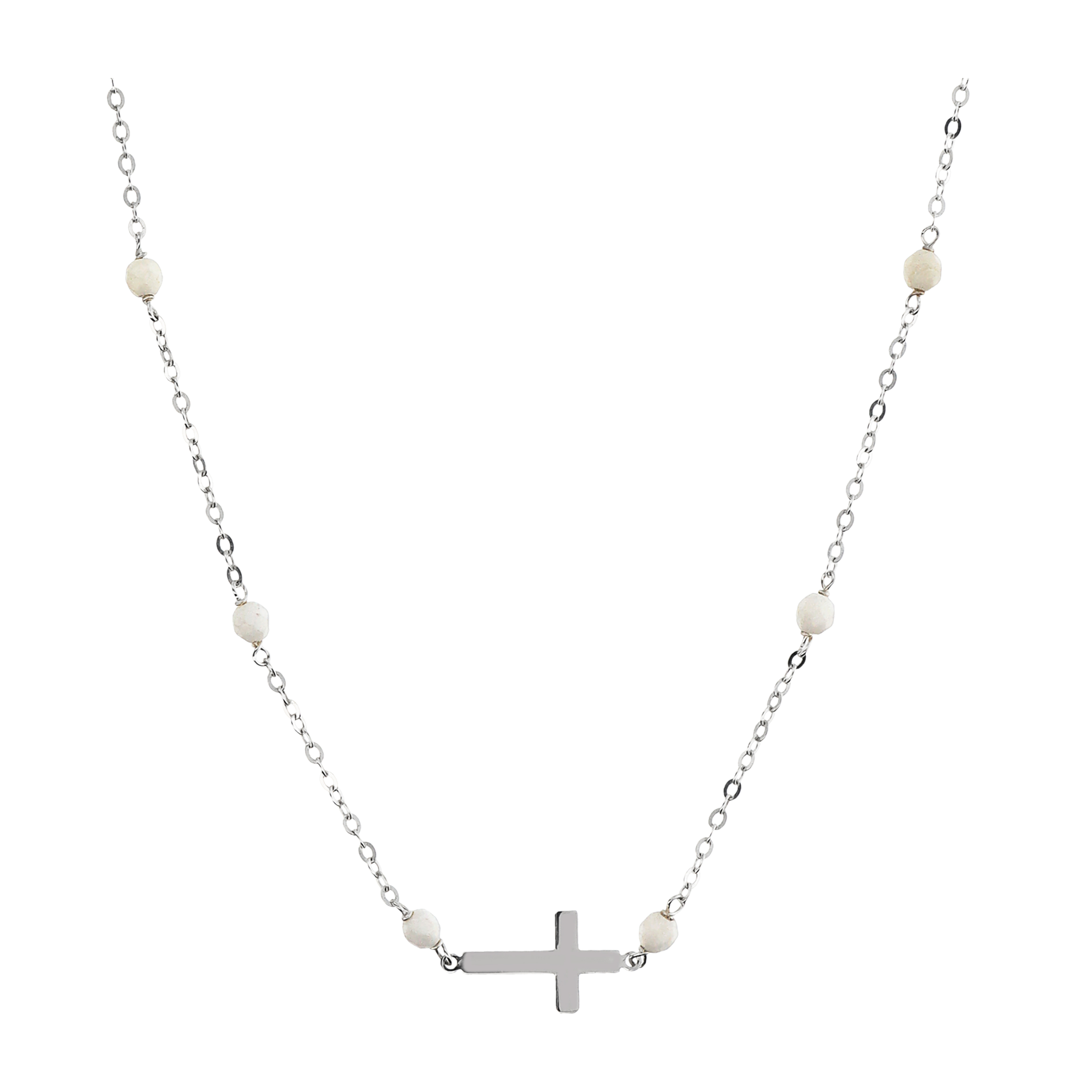 Collana Catena Rolo con Howlite Bianca e Pendente Croce Argentato in Argento 925 placcato Rodio