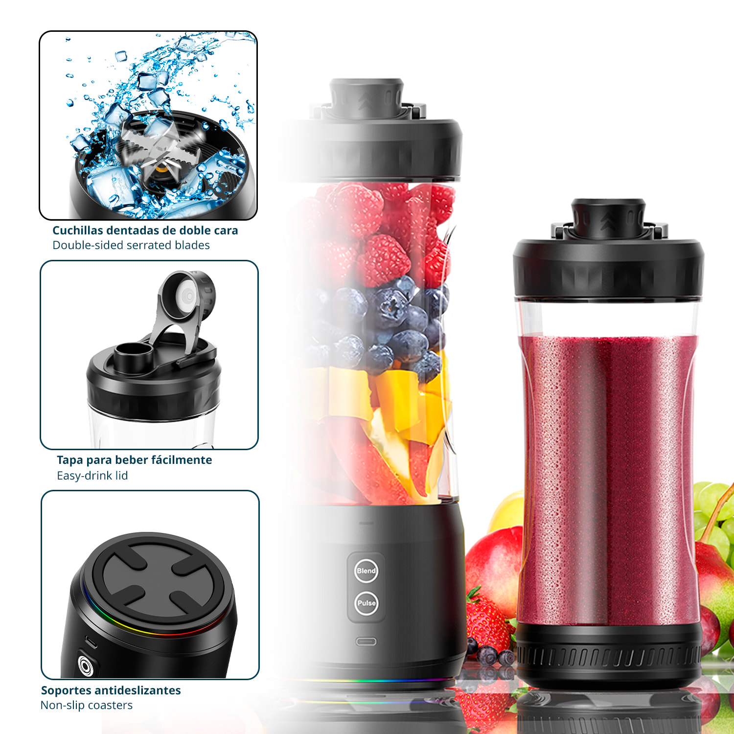 Batidora portátil A11-2.0 de 600 ml con potente motor de 240W, batería de alta capacidad de 6000mAh y sistema de rotación bidireccional. Con luces LED.