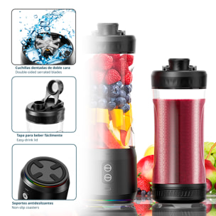 Batidora portátil A11-2.0 de 600 ml con potente motor de 240W, batería de alta capacidad de 6000mAh y sistema de rotación bidireccional. Con luces LED.