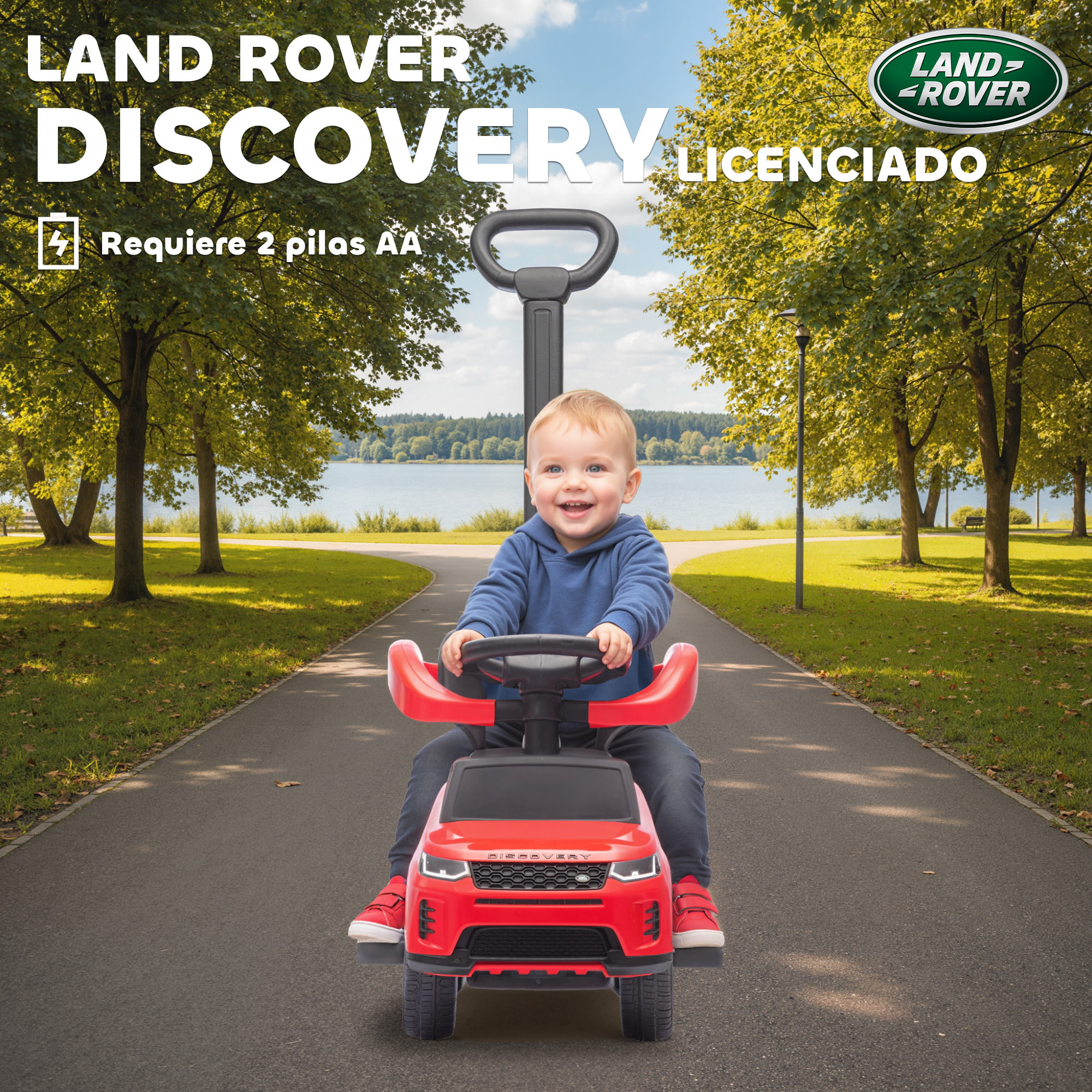 Coche Correpasillos 2 en 1 para Niños de 18-36 Meses LAND ROVER DISCOVERY, Correpasillos con Espacio de Almacenaje, Bocina, Volante, Mango de Empuje y Barandilla Extraíbles, Rojo
