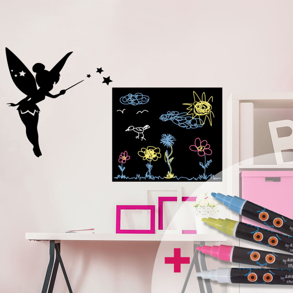 Sticker ardoise tableau noir - stickers muraux adhésif effaçable - FÉE + 4 CRAIES LIQUIDES