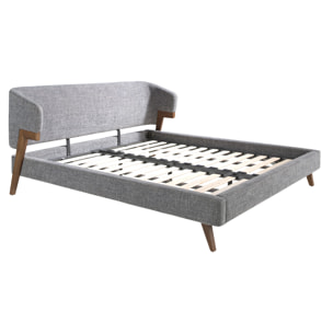 Cama de matrimonio en tela gris y patas de madera chapada en nogal natural 211x220x95cm
