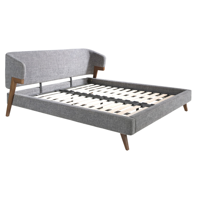 Cama de matrimonio en tela gris y patas de madera chapada en nogal natural 211x220x95cm