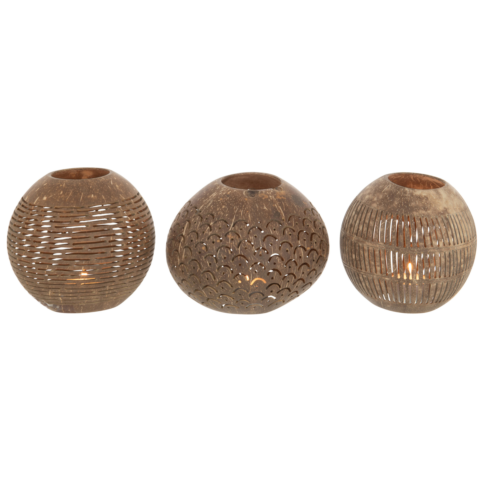 J-Line photophore Noix De Coco Lignes - rotin - marron - 3 pièces