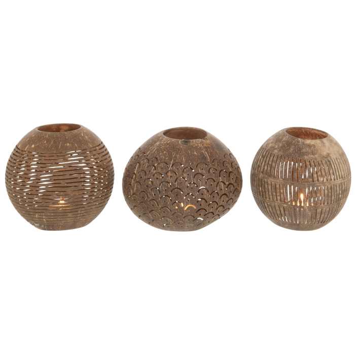 J-Line photophore Noix De Coco Lignes - rotin - marron - 3 pièces
