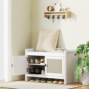 Banco Zapatero Mueble Zapatero Banco de Almacenamiento Bohemio con Puertas Frentes de Ratán Estante Extraíble para 8 Pares de Zapatos para Entrada Dormitorio 80x35x52 cm Blanco