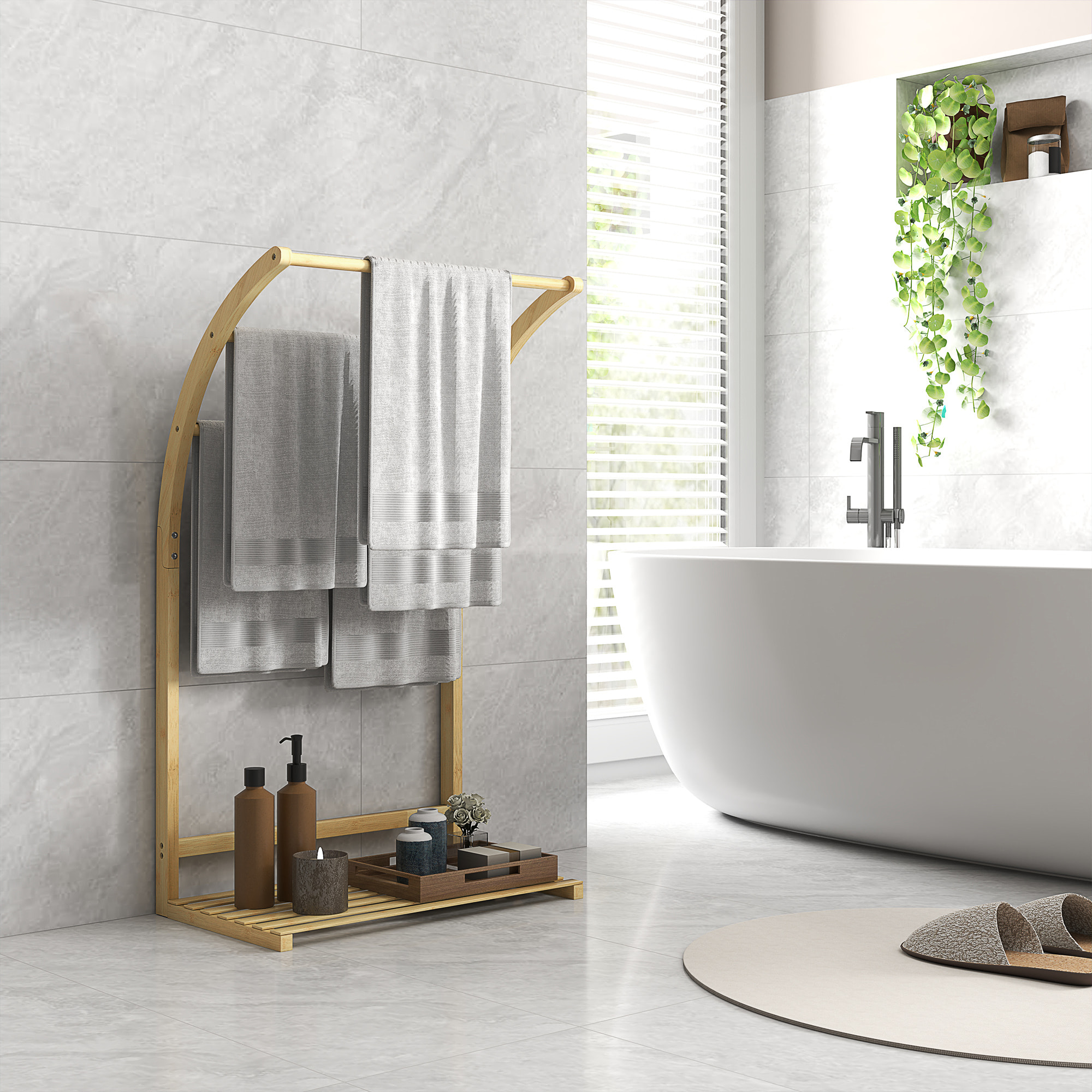 Toallero de Pie de Bambú, Soporte de Toallas de Baño con 3 Barras y Estante de Almacenamiento, para Baño y Lavandería, 50x29x84 cm, Natural