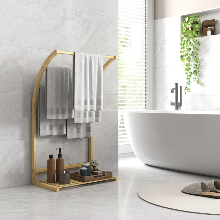 Toallero de Pie de Bambú, Soporte de Toallas de Baño con 3 Barras y Estante de Almacenamiento, para Baño y Lavandería, 50x29x84 cm, Natural