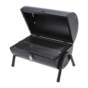 Barbacoa cilindro de metal negro mate con mango de madera y patas metálicas - Incluye 2 rejillas y 2 placas metálicas 38x24,5cm