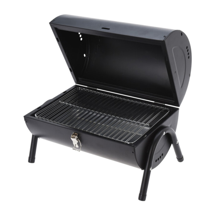 Barbacoa cilindro de metal negro mate con mango de madera y patas metálicas - Incluye 2 rejillas y 2 placas metálicas 38x24,5cm