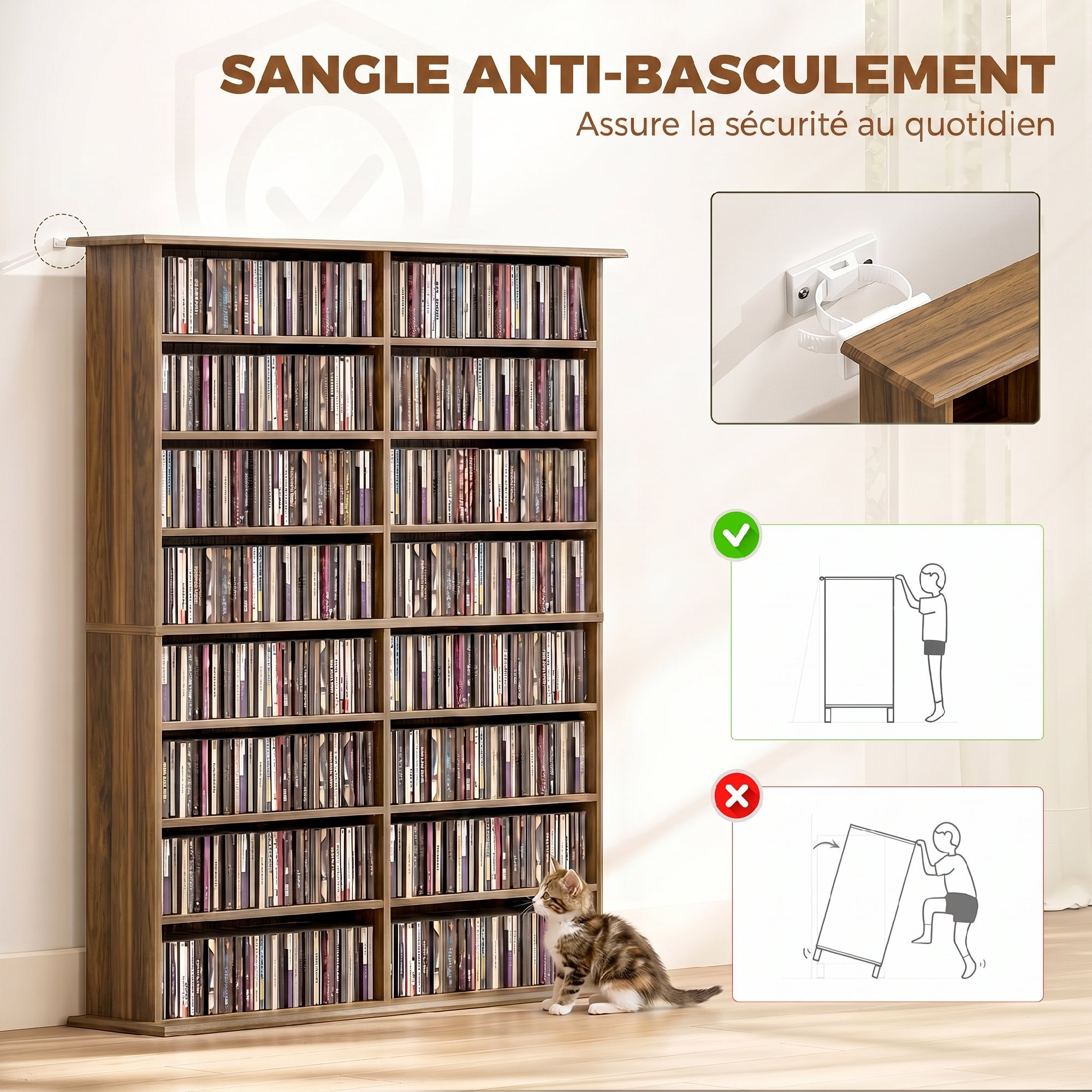 Étagère range CD - meuble rangement CD DVD - 16 compartiments, 12 étagères réglables - max 720 CD/396 DVD - noyer
