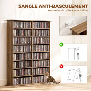 Étagère range CD - meuble rangement CD DVD - 16 compartiments, 12 étagères réglables - max 720 CD/396 DVD - noyer