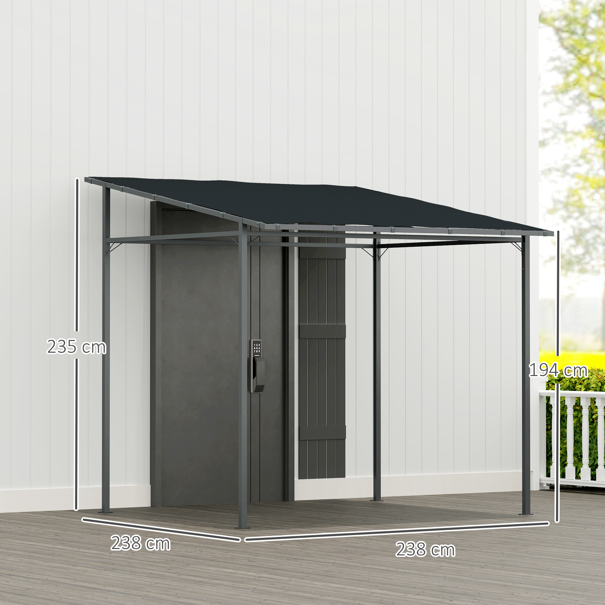 Pérgola de Pared 2,4x2,4 m Cenador de Jardín con Techo Inclinado Protección UV 30+ Impermeable y Marco de Metal para Patio Terraza Balcón Gris Oscuro