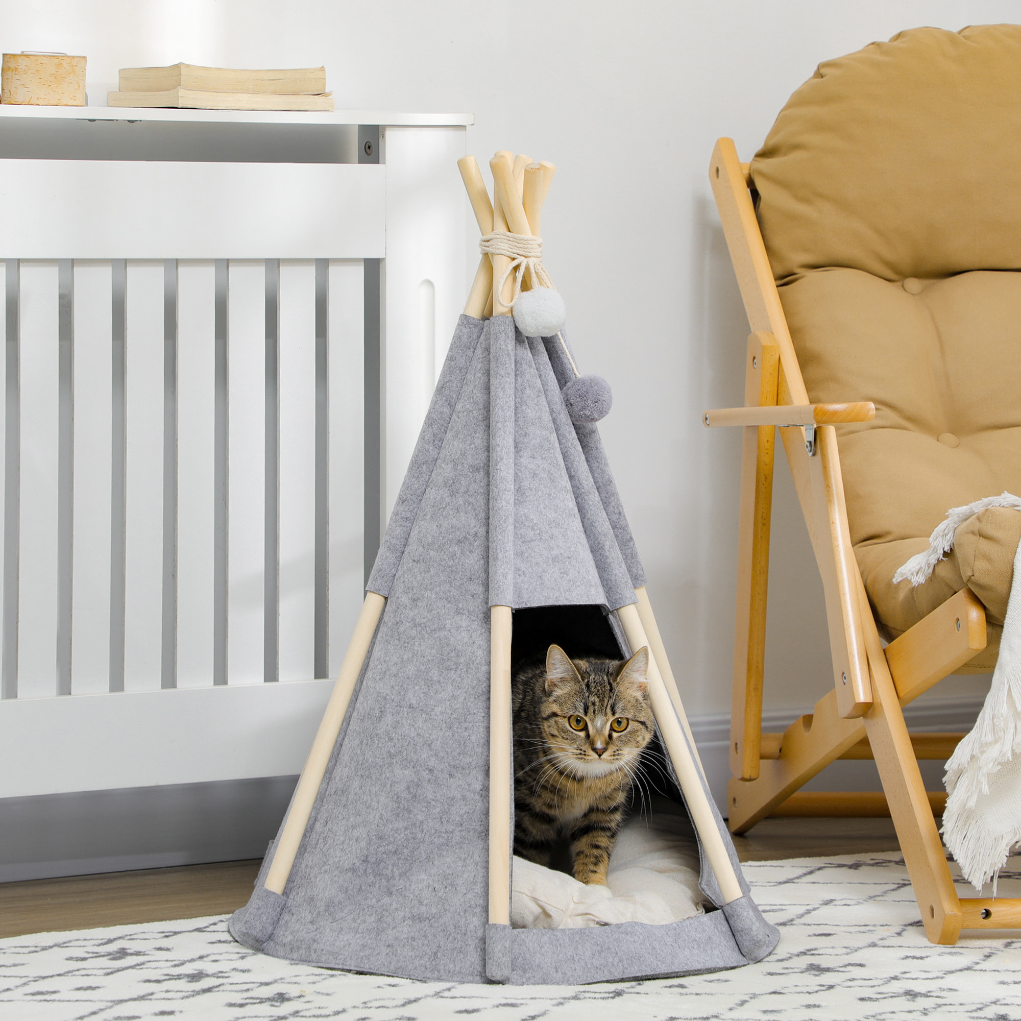 Tente tipi pour animaux - teepee chien chat - coussin épais grand confort inclus - structure bois de pin feutre polyester gris