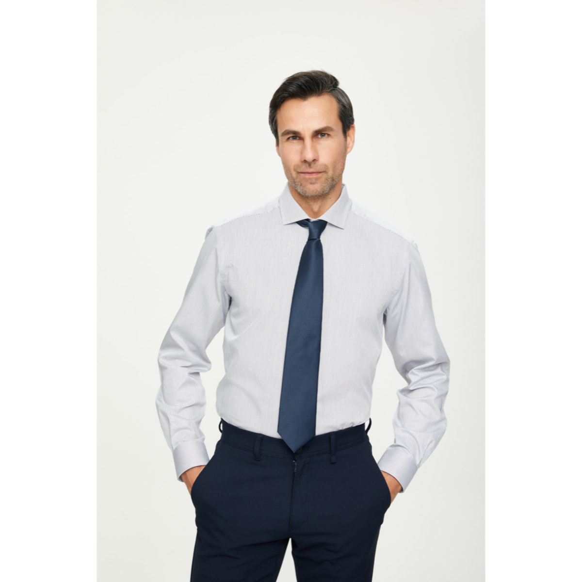 Camicia Uomo 1 Bottone Francese Satin Riga Stretta Bianco/Nero