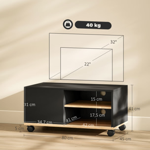 Mueble de TV con Ruedas, Mesa de TV Móvil, Mueble para Televisión hasta 42 Pulgadas, con 1 Puerta, 2 Compartimentos Abiertos, Estante Ajustable, para Salón, Comedor, Dormitorio, Negro