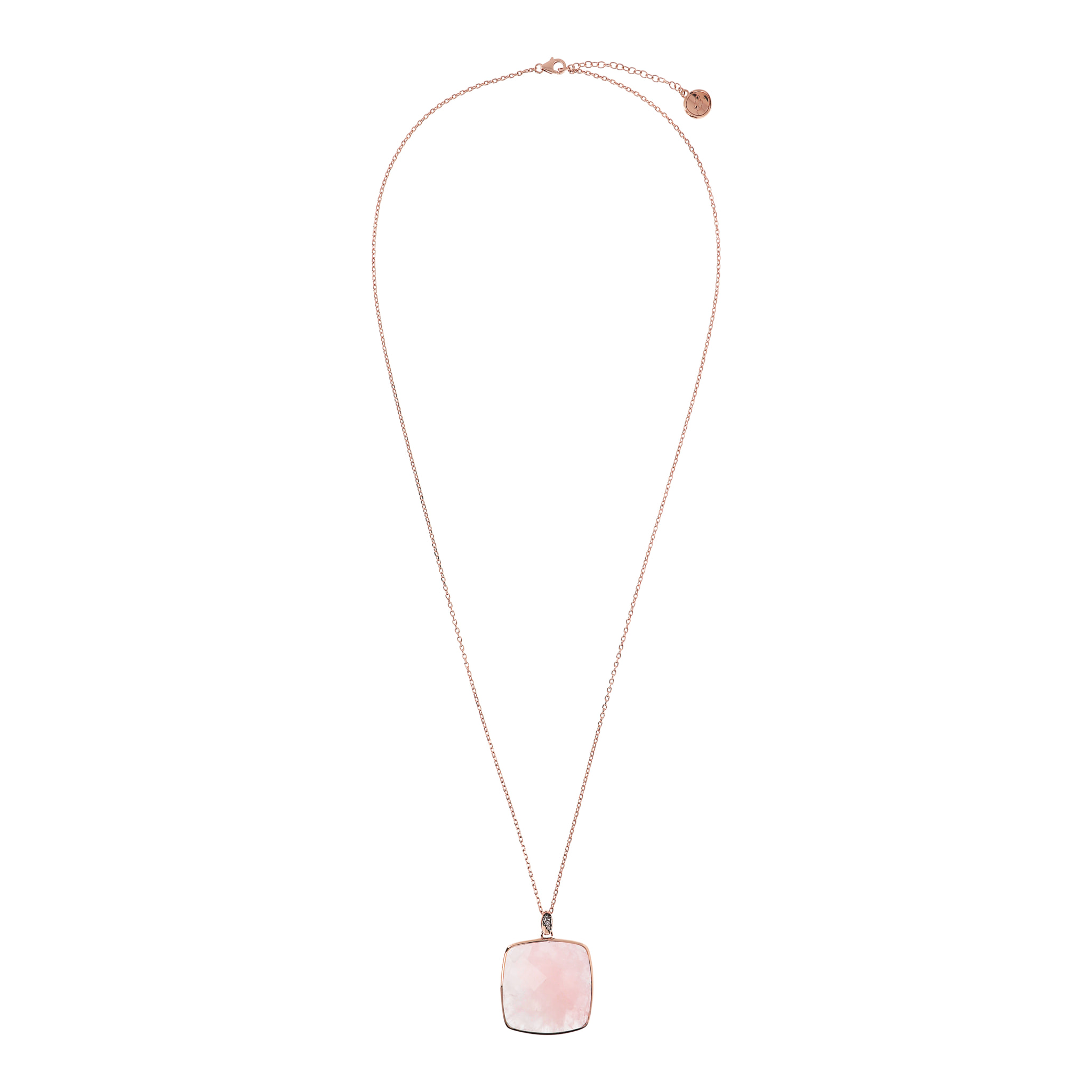 Collana con Pendente in Pietra Naturale Quadrata Quarzo Rosa e Pavé