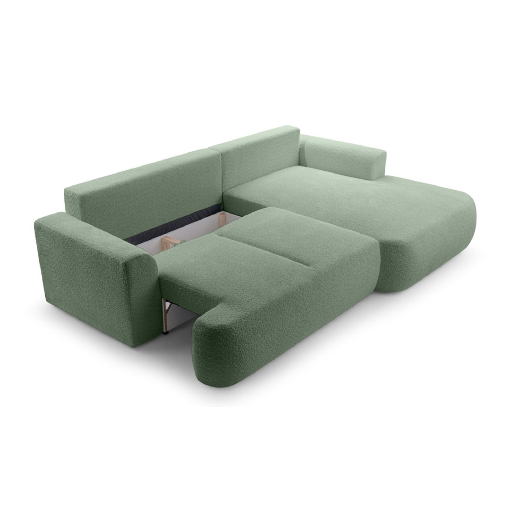 Candela - canapé d'angle droit 4 places - convertible avec coffre - en tissu bouclette - Vert sauge