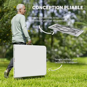 Table pliante de camping jardin dim. 180 x 74 x 74 cm avec poignée métal époxy gris HDPE blanc