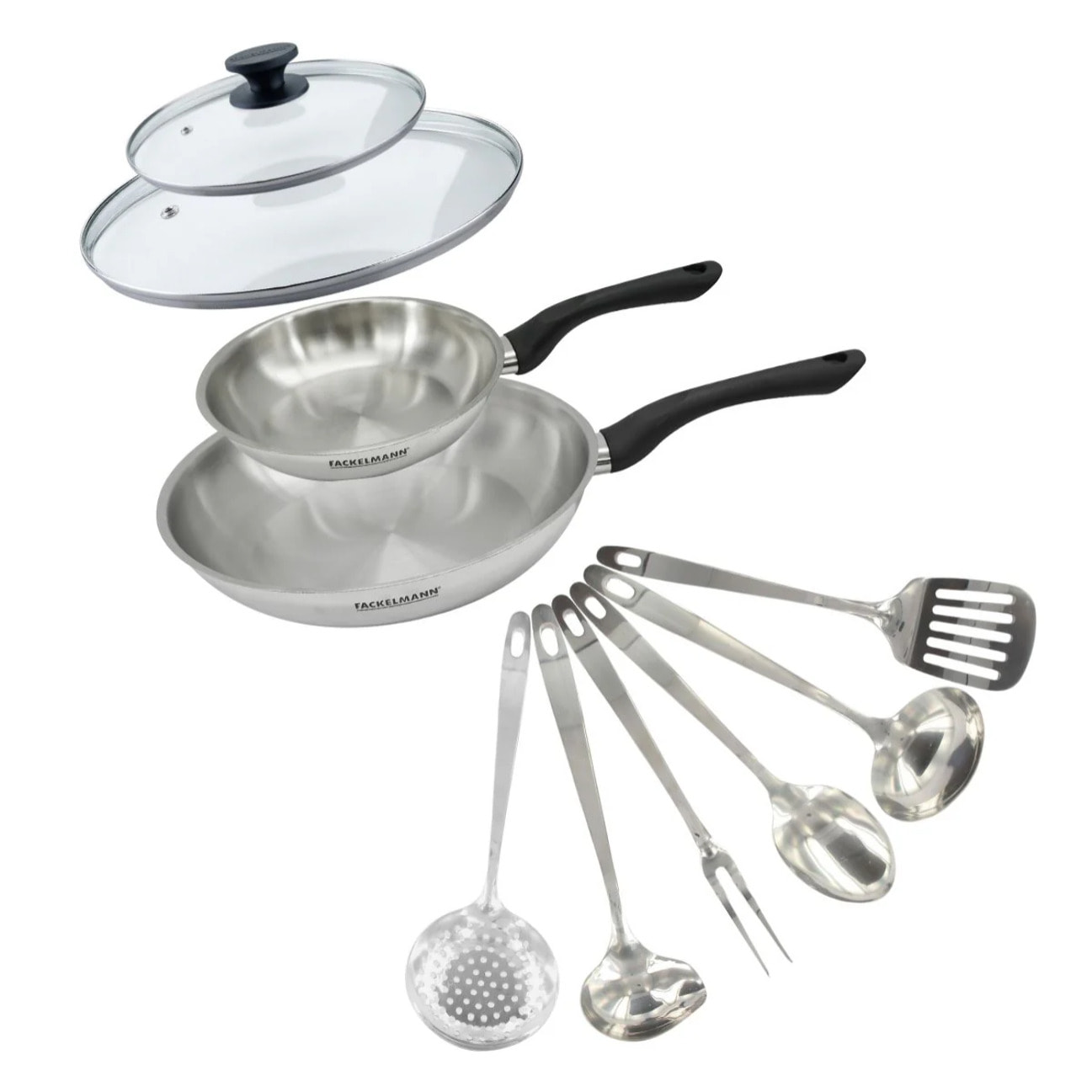 Set 2 poêles 20 et 28 cm en inox, couvercle verre et 6 ustensiles inox Fackelmann Geneva