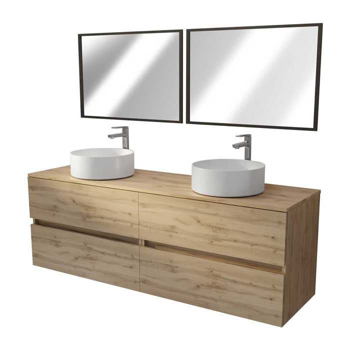 Meuble Salle de Bains 160 TIMBER Décor Chêne 4 Tiroirs Plan Vasques à Poser Blanches 2 Miroirs 75x55