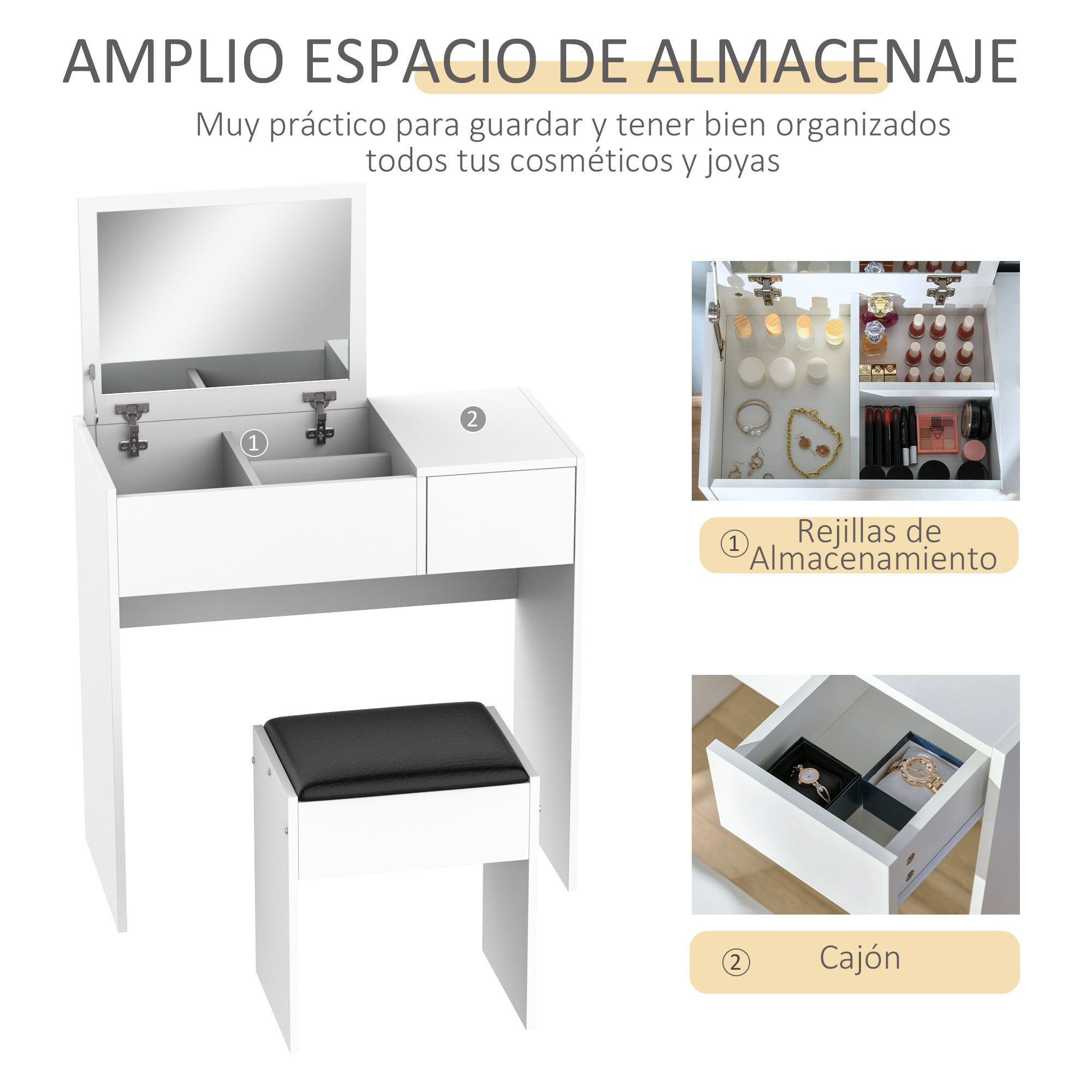 Tocador de Tablero con Taburete y Espejo 80x40x79cm Negro