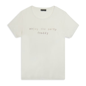 T-shirt con grafica “Enjoy the party” in strass