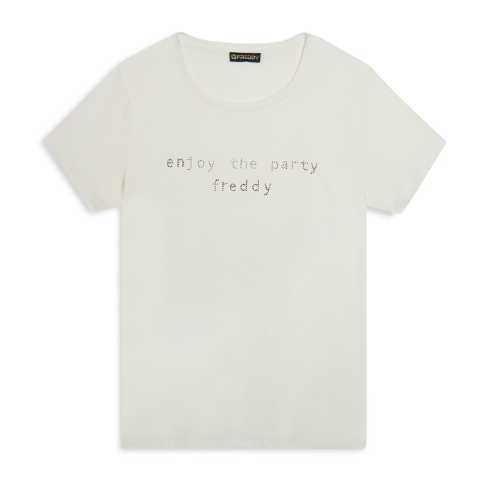T-shirt con grafica “Enjoy the party” in strass