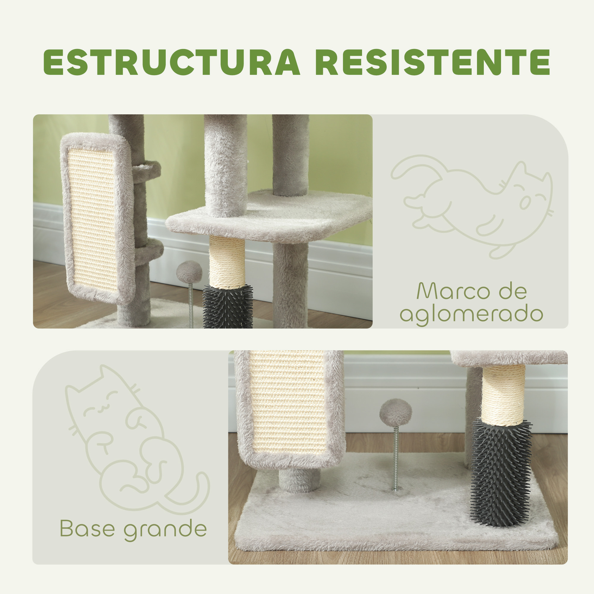 Árbol Rascador para Gatos Altura 104 cm Árbol para Gatos Torre para Gatos con Plataformas Poste con Cepillo Bolas Colgantes y Almohadilla para Rascar Gris Claro