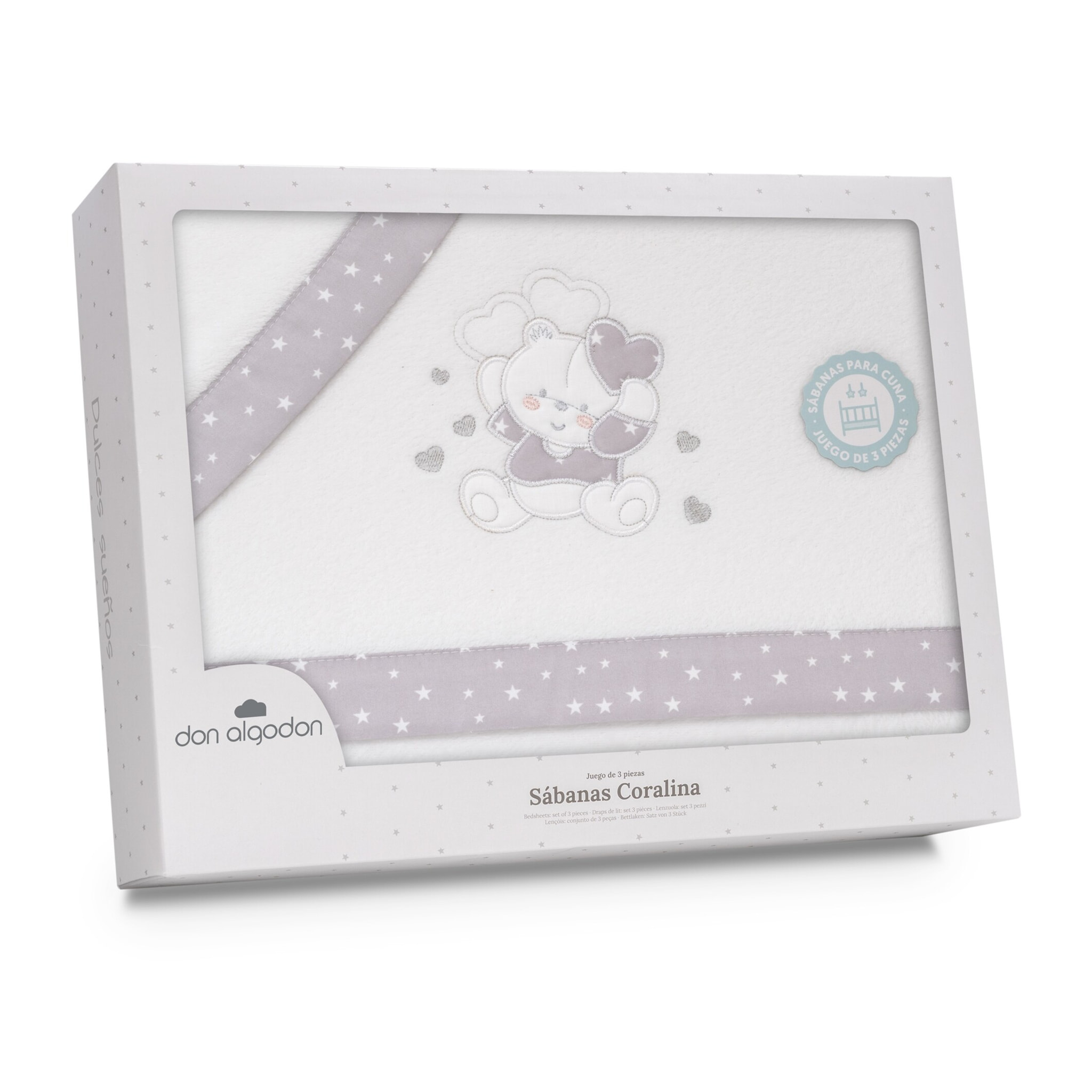 Triptico Coche Coralina D. Algodon Oso Corazones Bco/Gris