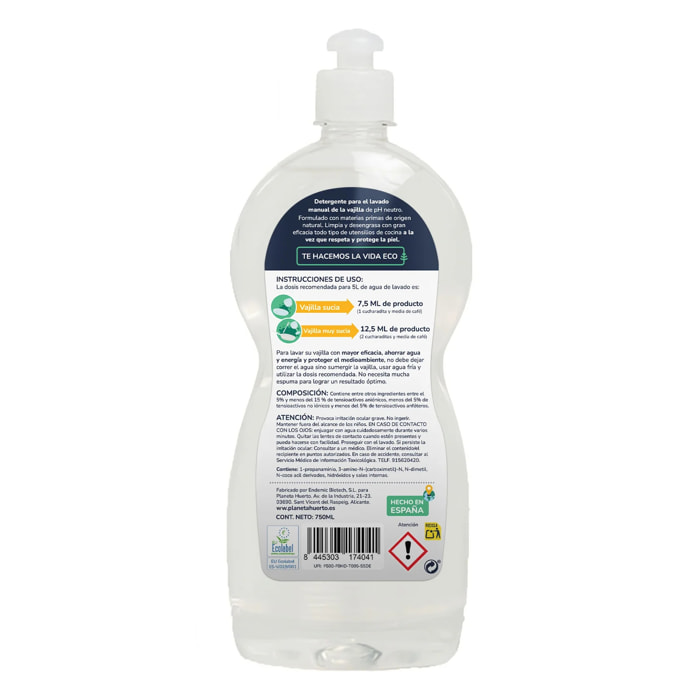 Pack 6xLavavajillas manual hipoalergénico sin perfume ECO Planeta Huerto 750 ml