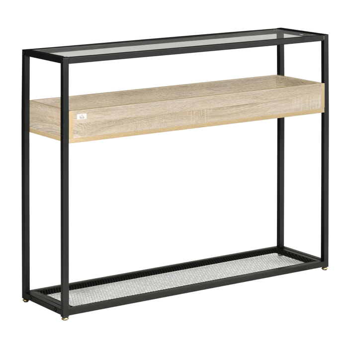 Mesa Consola de Entrada 108x28x85 cm Mueble Recibidor con Encimera de Cristal Estante y Rejilla Inferior Marco de Acero para Pasillo Salón Extremo del Sofá Negro