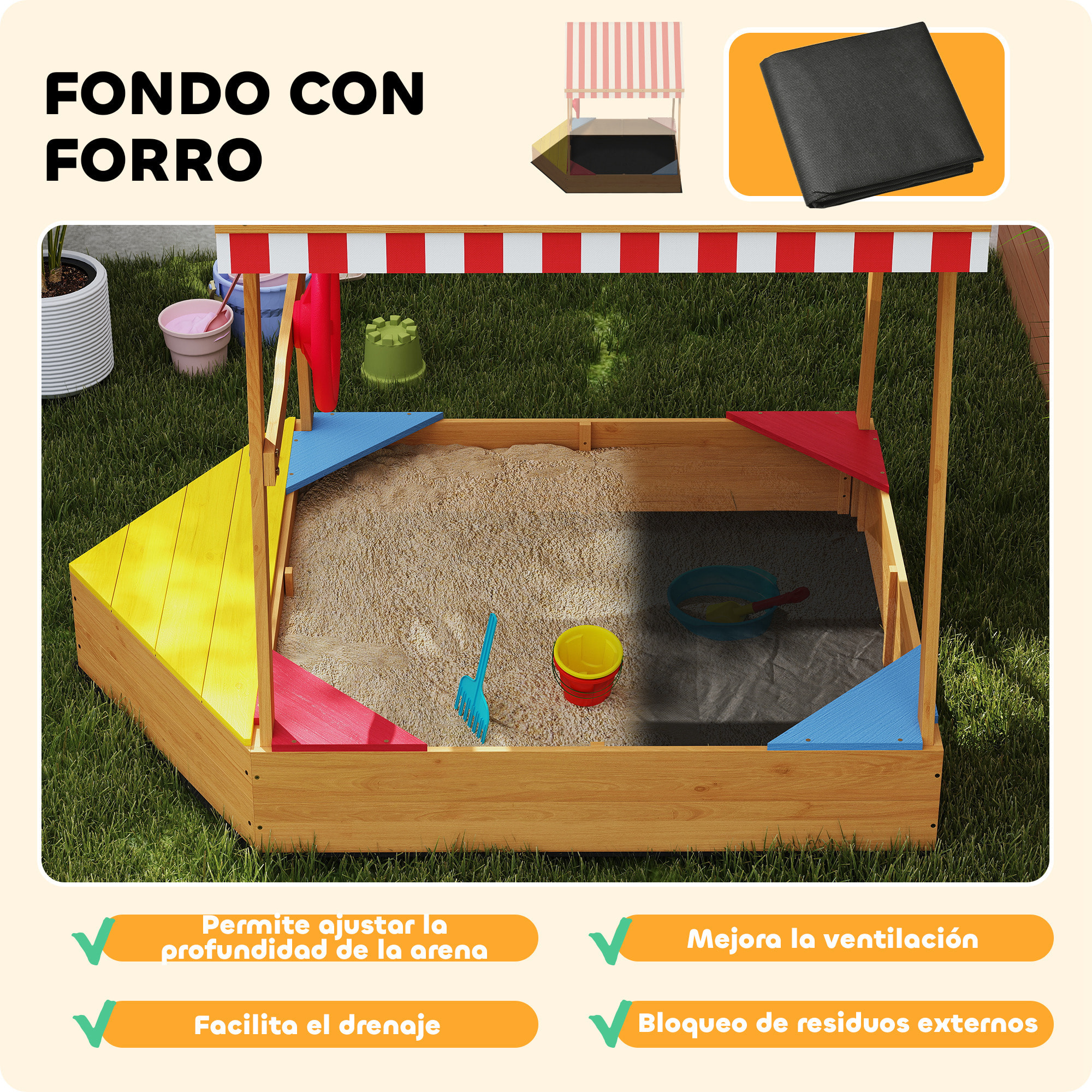 Arenero para Niños de +3 Años Arenero Infantil en Forma de Barco con Toldo y Asientos Arenero para Exterior 133x101x141 cm Natural