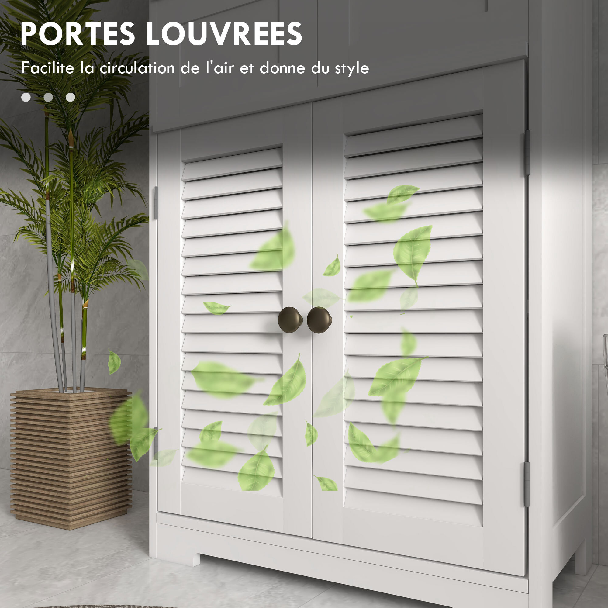 Meuble de salle de bain sur pied 2 portes persiennes 2 tiroirs niche blanc