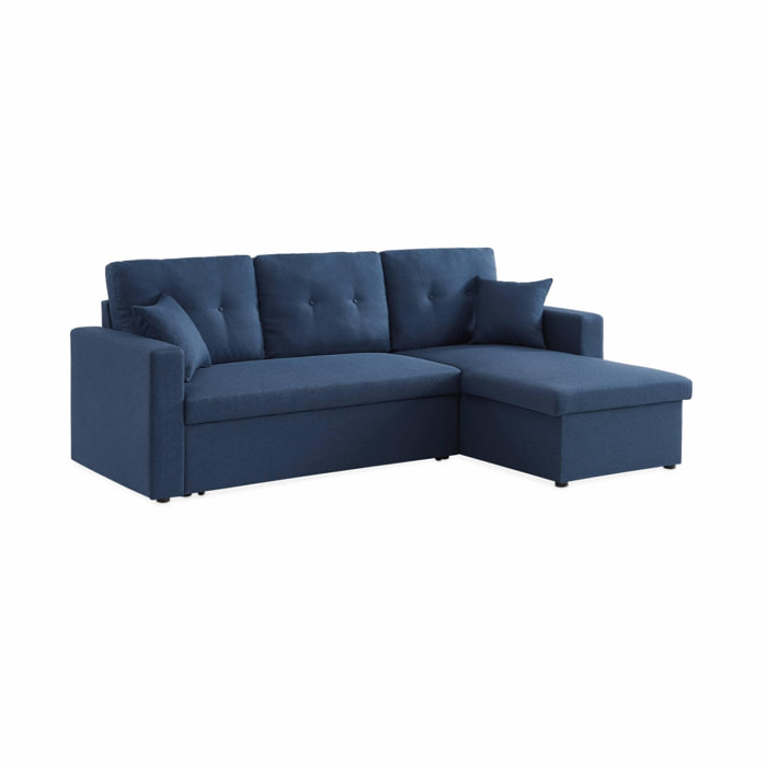 Canapé d'angle convertible en tissu bleu - IDA - 3 places. fauteuil d'angle réversible coffre rangement lit modulable