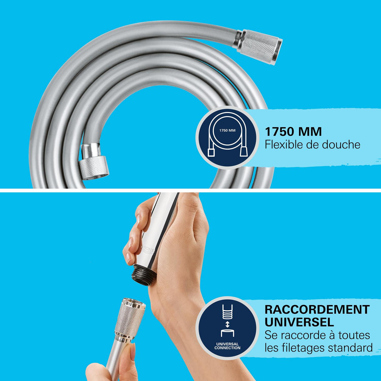 Flexible de douche 1,75m chromé, anti-pliures, surface lisse