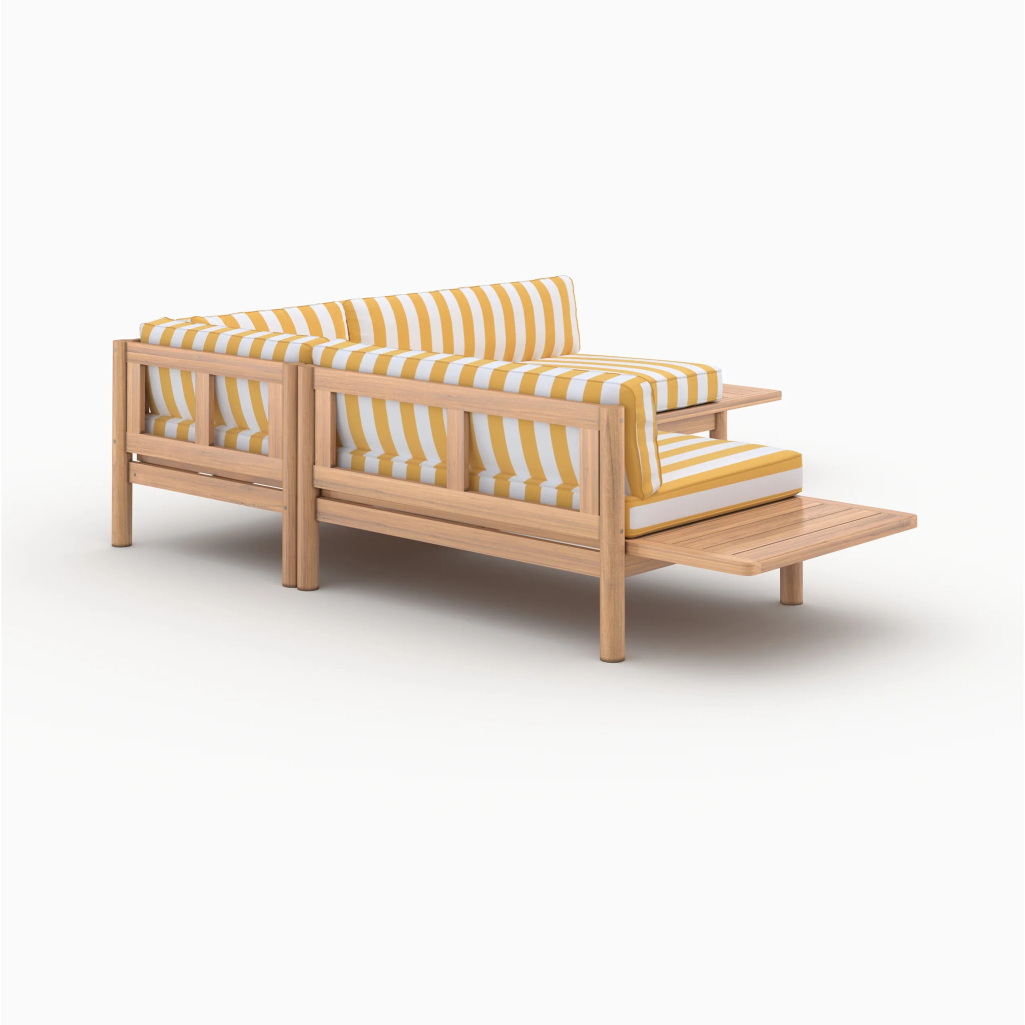 Canapé d'angle de jardin, teck massif, coussins rayés jaunes 4 places - Nadila