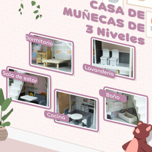 Casa de Muñecas con Muebles y Accesorios Casa de Muñecas de Madera de 3 Pisos Juguete para Niños y Niñas a Partir de 3 Años Gris