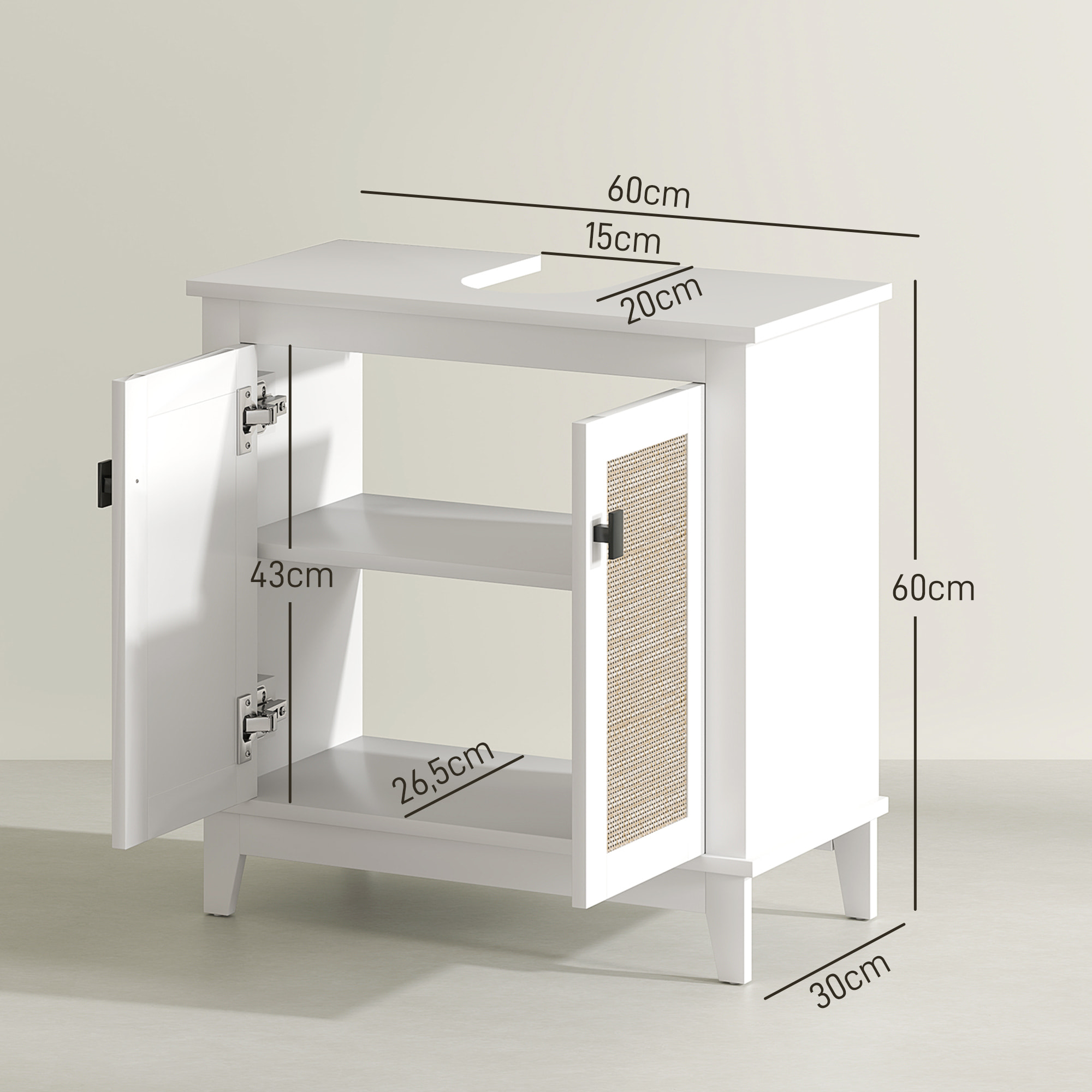 Mueble para Debajo del Lavabo Armario de Baño con Pie con 2 Puertas de Ratán PE 2 Estantes y Sistema Antivuelco para Cuarto Baño 60x30x60 cm Blanco