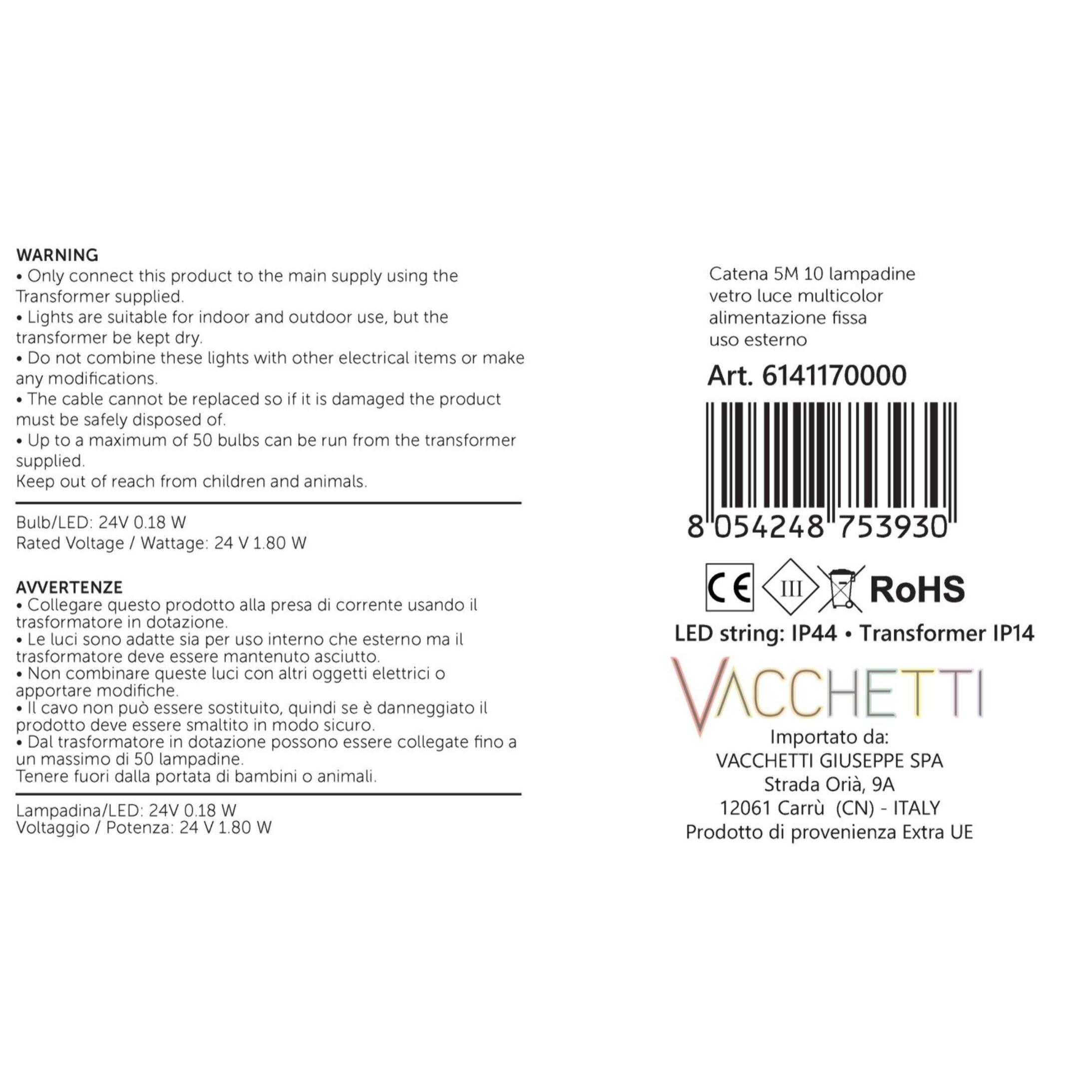 Catena da 5M con 10 lampadine in vetro a luce multicolor alimentazione fissa per uso esterno