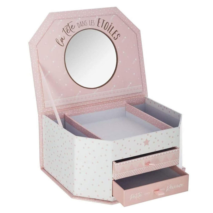 Joyero infantil con espejo en color rosa|L. 21,6 x P. 16,3 x H. 10,4 cm