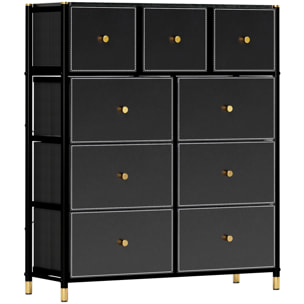 Cómoda para Dormitorio Cajonera de Tela con 9 Cajones Plegables con Frentes de PU y Marco de Acero Cajonera para Dormitorio Salón Negro